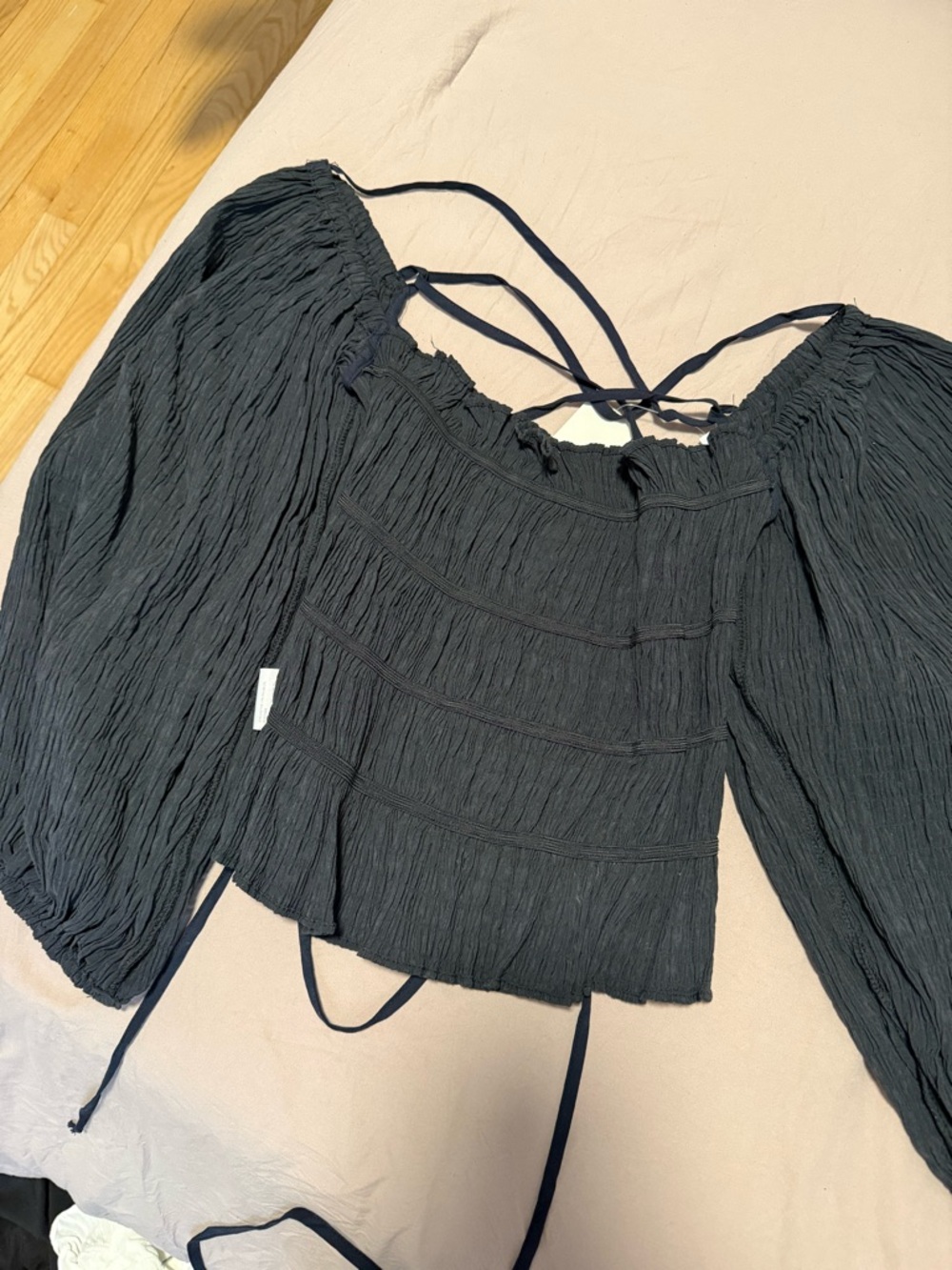 Urban Outfitters Black Crinkle Peasant Blouse with Puff Sleeves